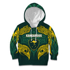Custom Kangaroos Rugby Kid Hoodie Polynesian Tribal Pattern Green Gold National Team
