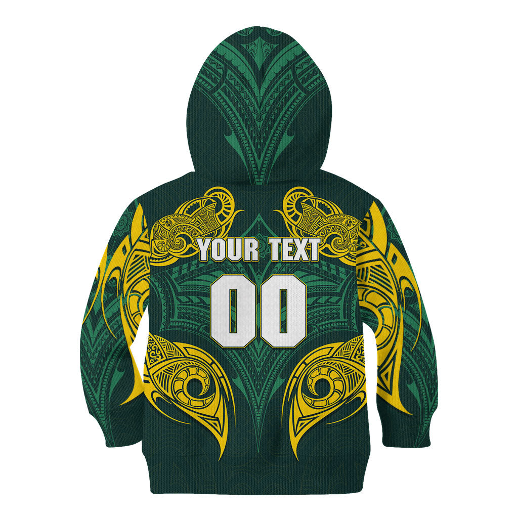 Custom Kangaroos Rugby Kid Hoodie Polynesian Tribal Pattern Green Gold National Team