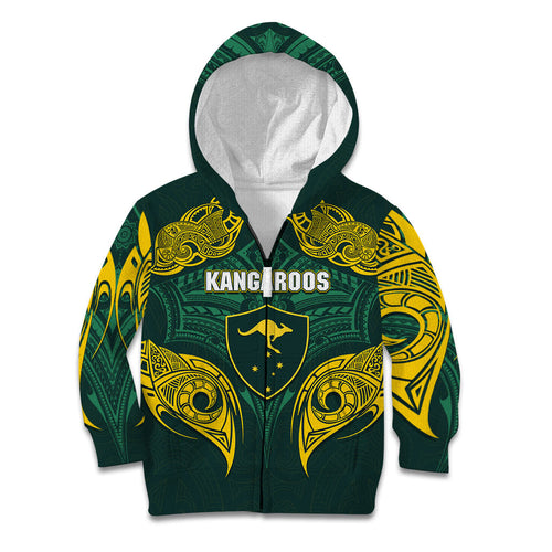 Custom Kangaroos Rugby Kid Hoodie Polynesian Tribal Pattern Green Gold National Team