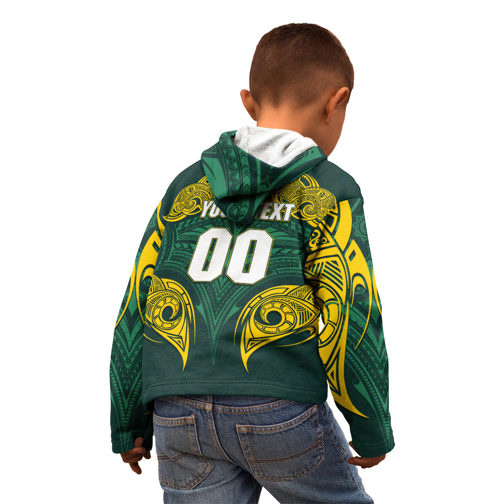 Custom Kangaroos Rugby Kid Hoodie Polynesian Tribal Pattern Green Gold National Team