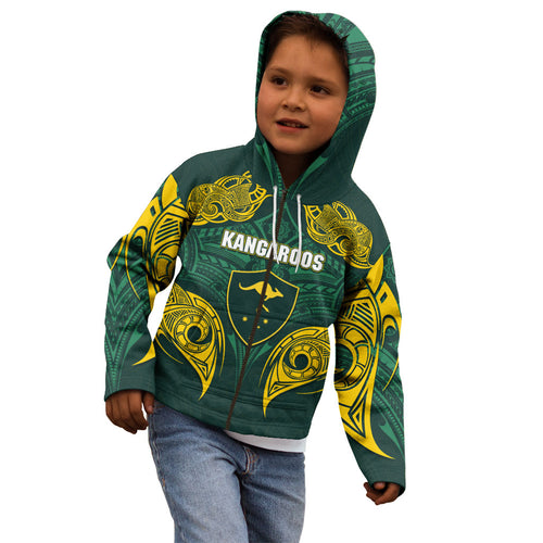 Custom Kangaroos Rugby Kid Hoodie Polynesian Tribal Pattern Green Gold National Team