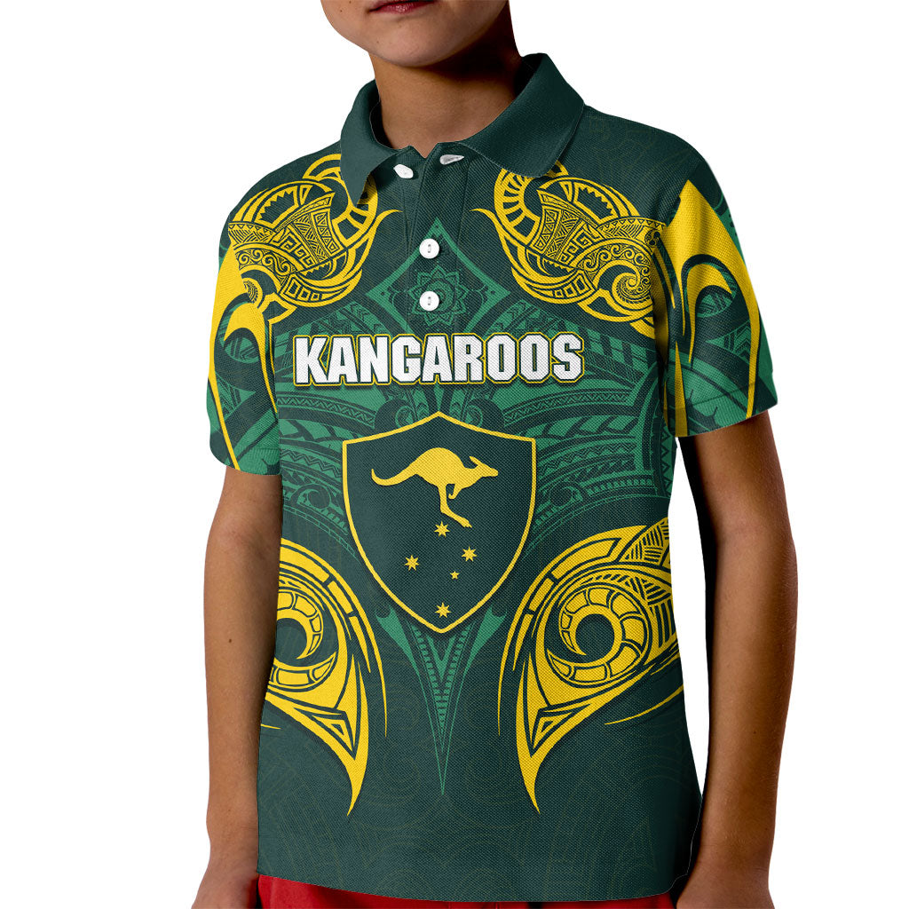 Custom Kangaroos Rugby Kid Polo Shirt Polynesian Tribal Pattern Green Gold National Team