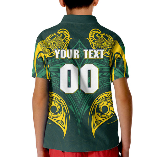 Custom Kangaroos Rugby Kid Polo Shirt Polynesian Tribal Pattern Green Gold National Team