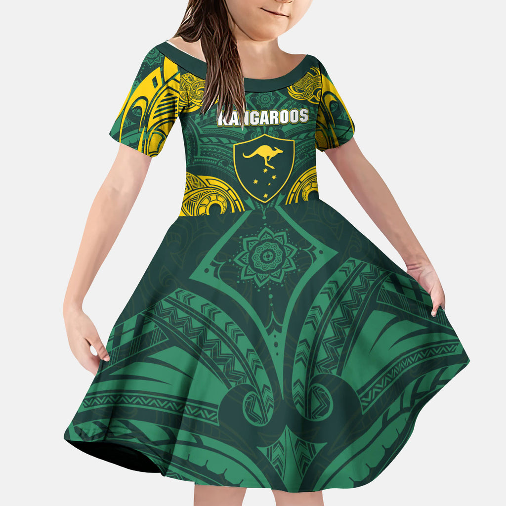 Custom Kangaroos Rugby Kid Short Sleeve Dress Polynesian Tribal Pattern Green Gold National Team