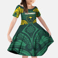 Custom Kangaroos Rugby Kid Short Sleeve Dress Polynesian Tribal Pattern Green Gold National Team