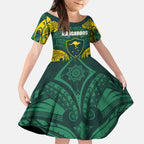 Custom Kangaroos Rugby Kid Short Sleeve Dress Polynesian Tribal Pattern Green Gold National Team