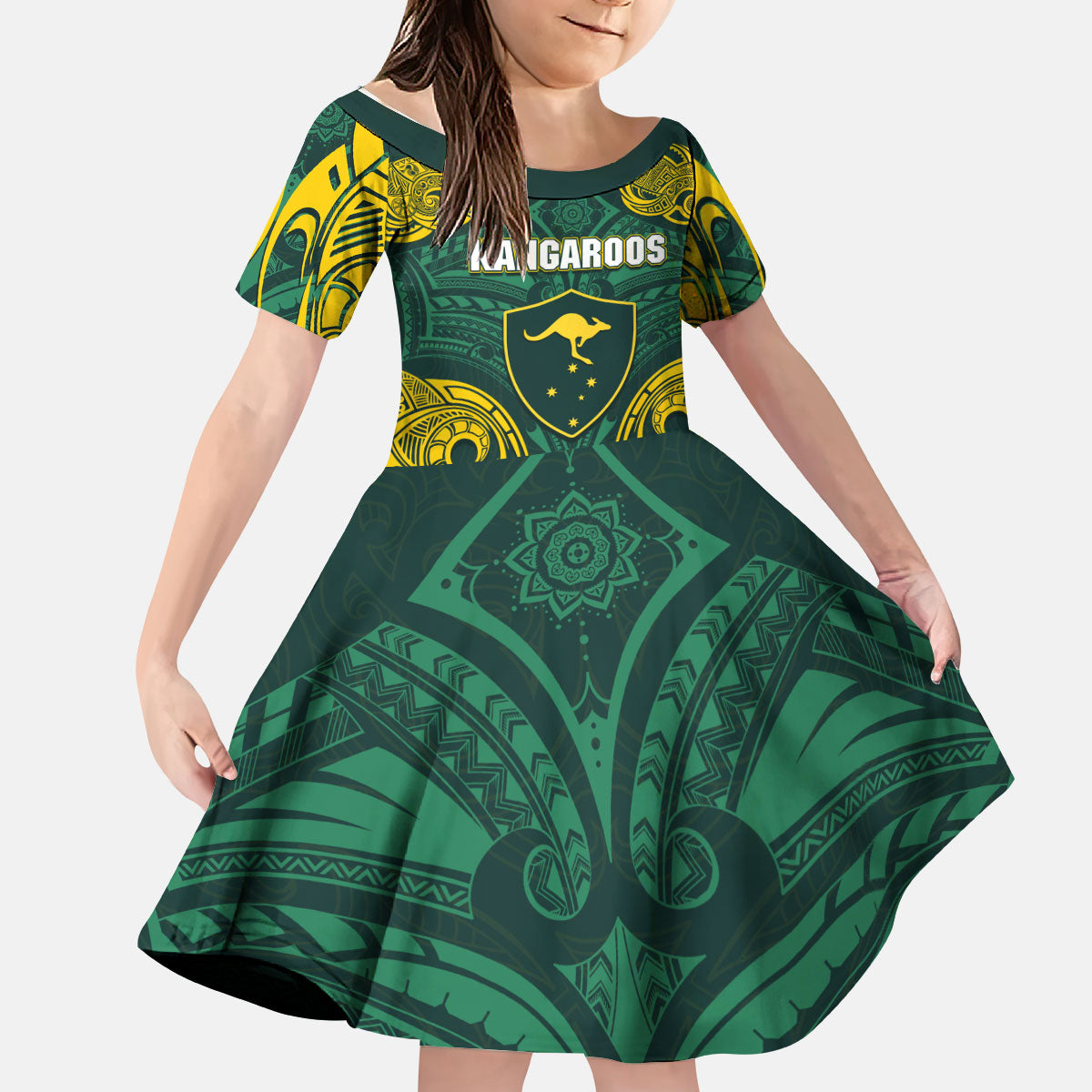 Custom Kangaroos Rugby Kid Short Sleeve Dress Polynesian Tribal Pattern Green Gold National Team