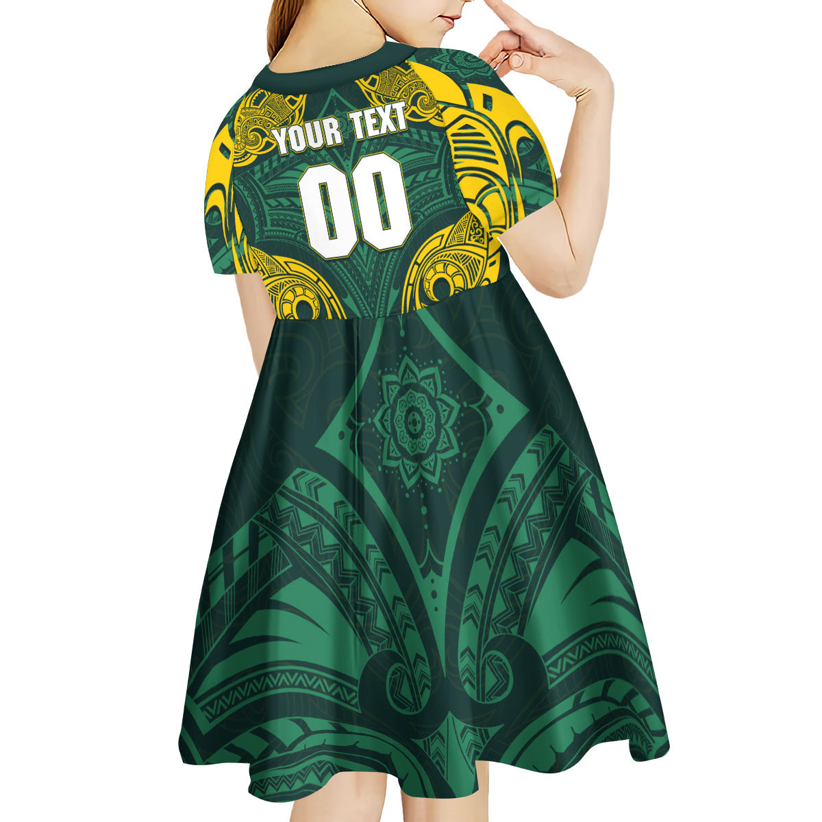 Custom Kangaroos Rugby Kid Short Sleeve Dress Polynesian Tribal Pattern Green Gold National Team