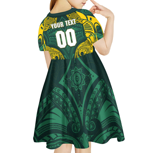 Custom Kangaroos Rugby Kid Short Sleeve Dress Polynesian Tribal Pattern Green Gold National Team