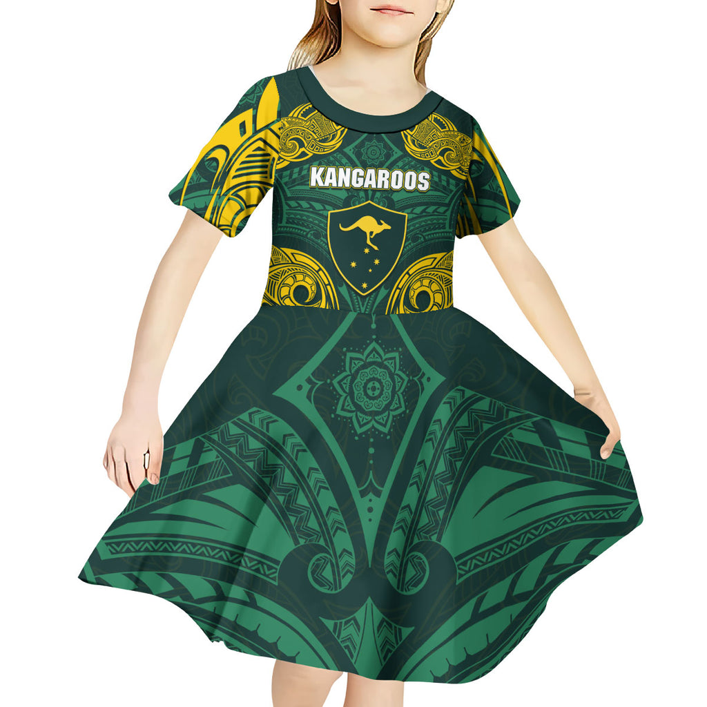 Custom Kangaroos Rugby Kid Short Sleeve Dress Polynesian Tribal Pattern Green Gold National Team