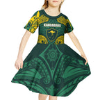 Custom Kangaroos Rugby Kid Short Sleeve Dress Polynesian Tribal Pattern Green Gold National Team