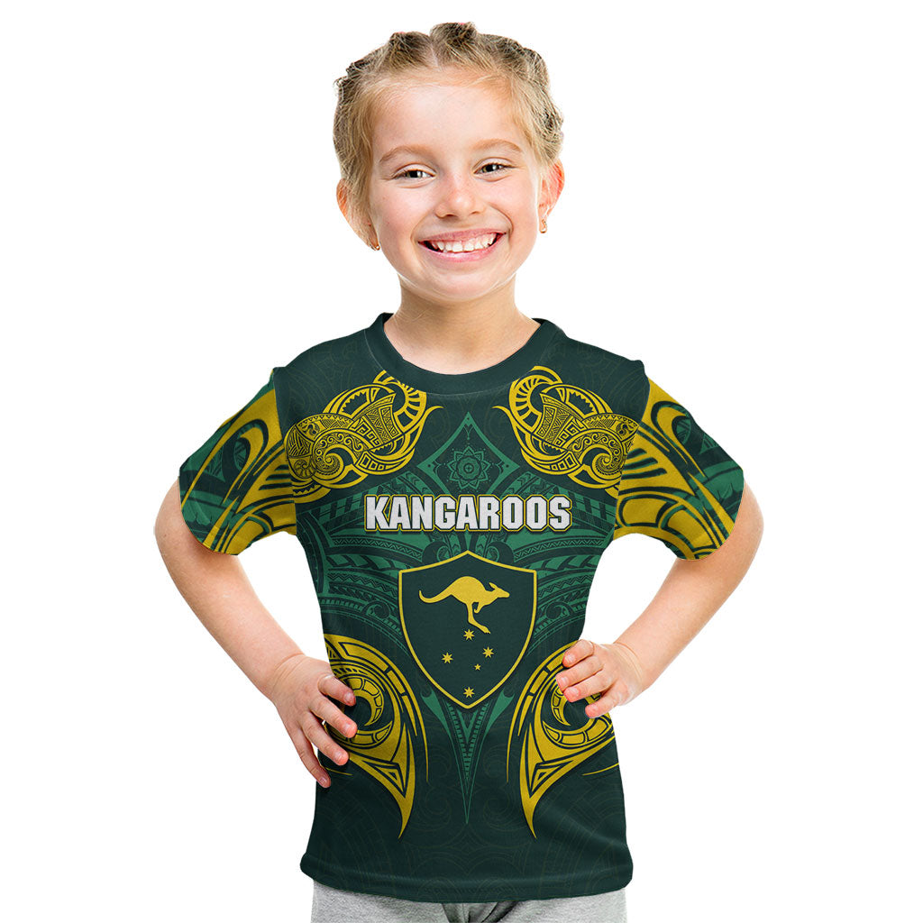 Custom Kangaroos Rugby Kid T Shirt Polynesian Tribal Pattern Green Gold National Team