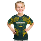 Custom Kangaroos Rugby Kid T Shirt Polynesian Tribal Pattern Green Gold National Team