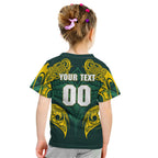 Custom Kangaroos Rugby Kid T Shirt Polynesian Tribal Pattern Green Gold National Team