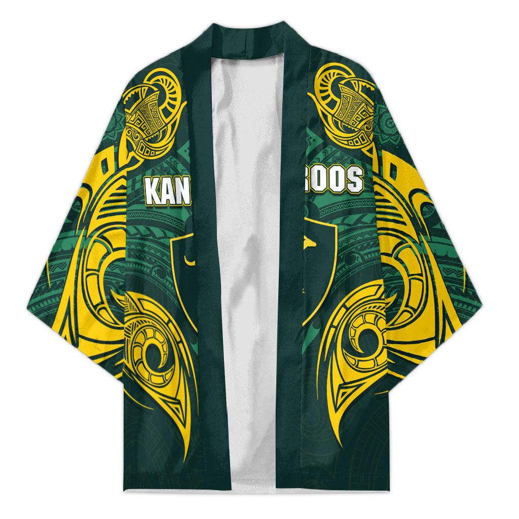 Custom Kangaroos Rugby Kimono Polynesian Tribal Pattern Green Gold National Team