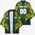Custom Kangaroos Rugby Kimono Polynesian Tribal Pattern Green Gold National Team