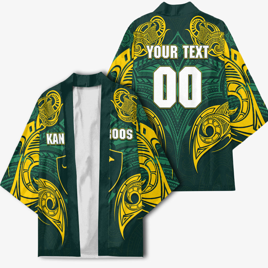 Custom Kangaroos Rugby Kimono Polynesian Tribal Pattern Green Gold National Team
