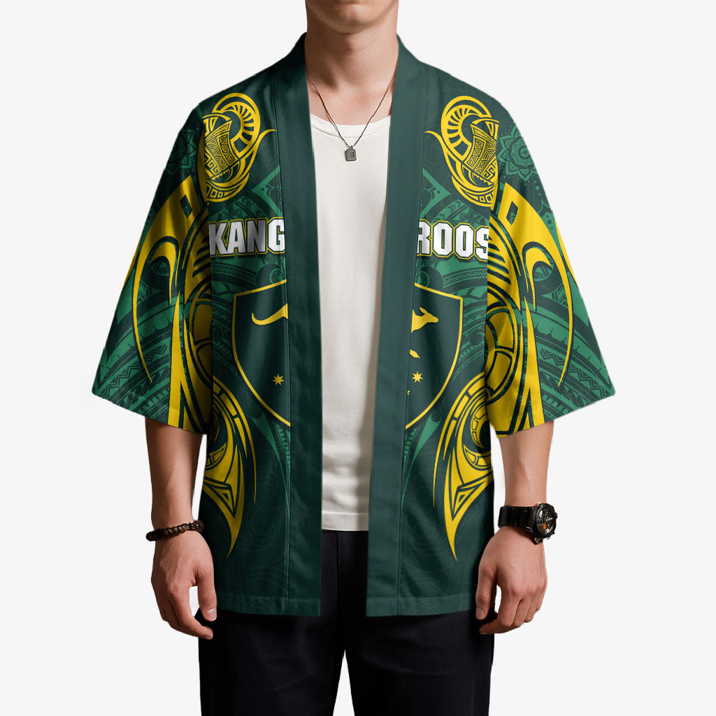 Custom Kangaroos Rugby Kimono Polynesian Tribal Pattern Green Gold National Team