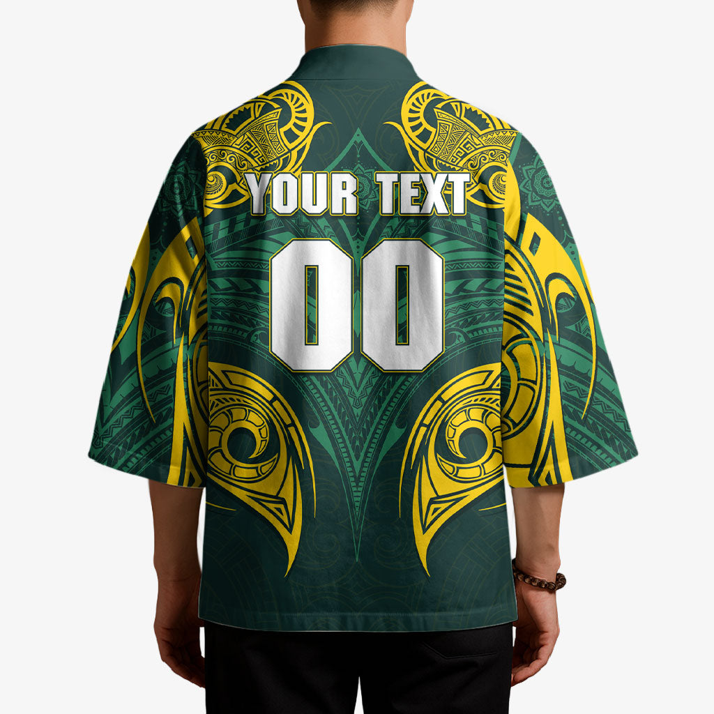 Custom Kangaroos Rugby Kimono Polynesian Tribal Pattern Green Gold National Team