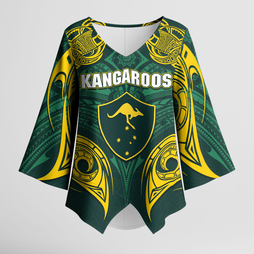 Custom Kangaroos Rugby Kimono Sleeve Blouse Polynesian Tribal Pattern Green Gold National Team