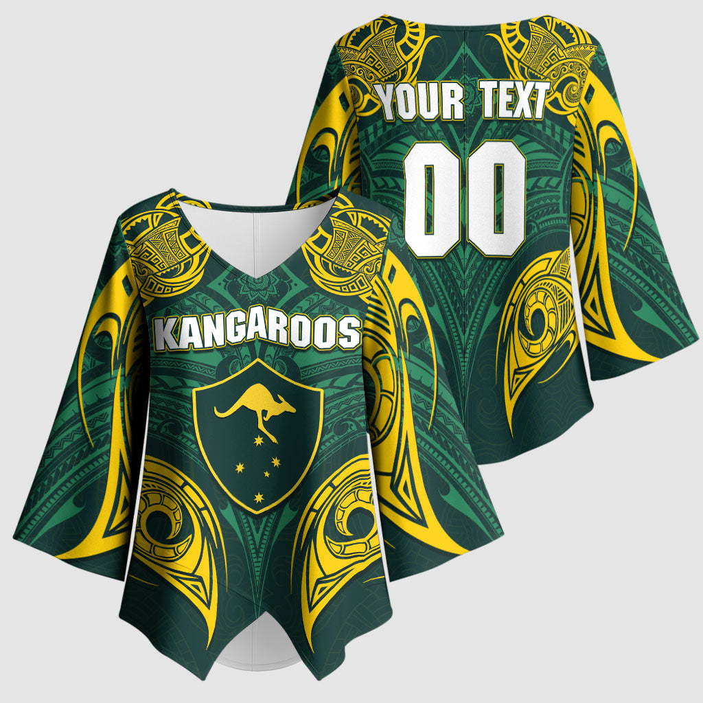 Custom Kangaroos Rugby Kimono Sleeve Blouse Polynesian Tribal Pattern Green Gold National Team