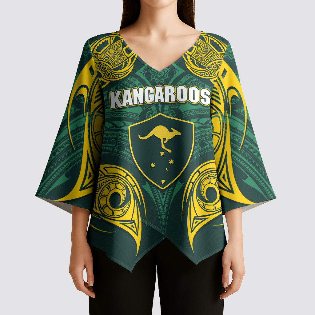 Custom Kangaroos Rugby Kimono Sleeve Blouse Polynesian Tribal Pattern Green Gold National Team