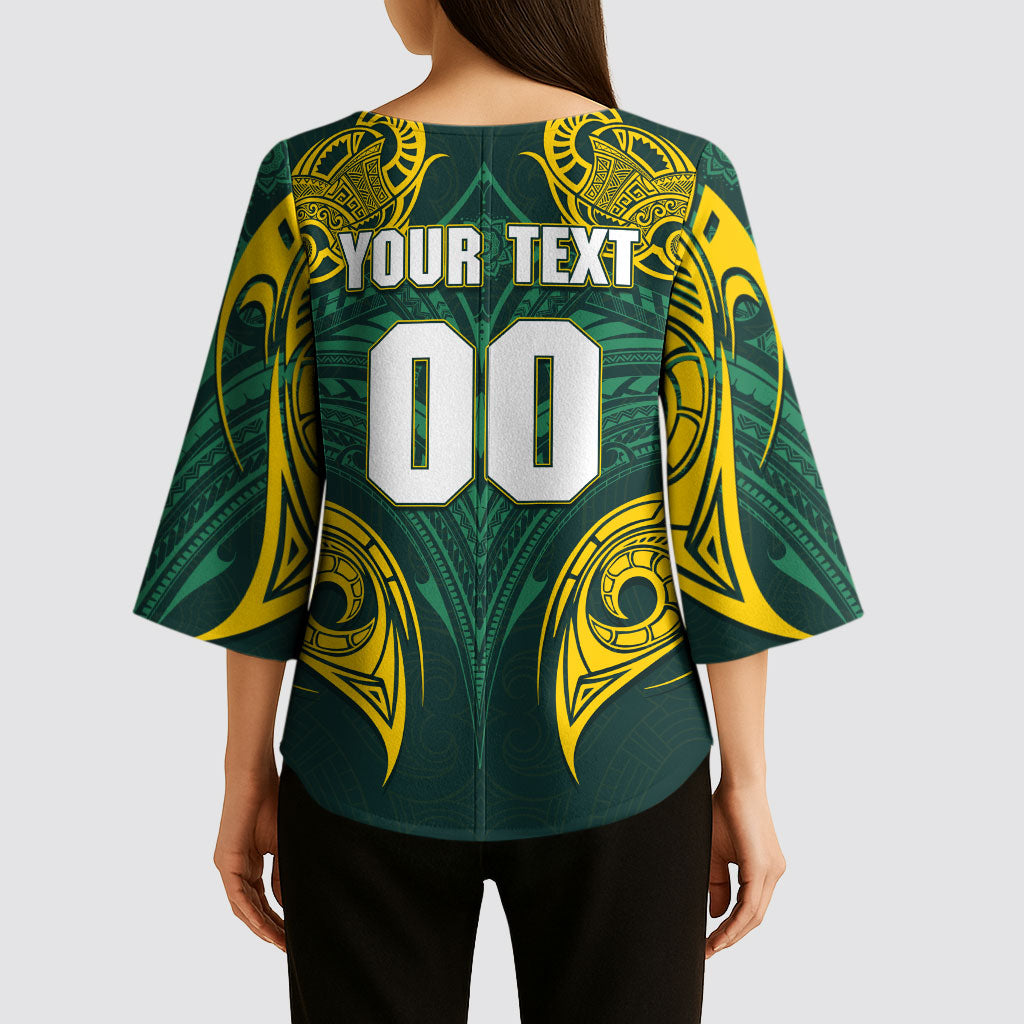 Custom Kangaroos Rugby Kimono Sleeve Blouse Polynesian Tribal Pattern Green Gold National Team