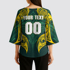 Custom Kangaroos Rugby Kimono Sleeve Blouse Polynesian Tribal Pattern Green Gold National Team