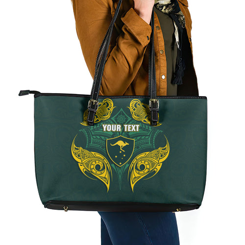 Custom Kangaroos Rugby Leather Tote Bag Polynesian Tribal Pattern Green Gold National Team
