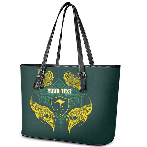 Custom Kangaroos Rugby Leather Tote Bag Polynesian Tribal Pattern Green Gold National Team
