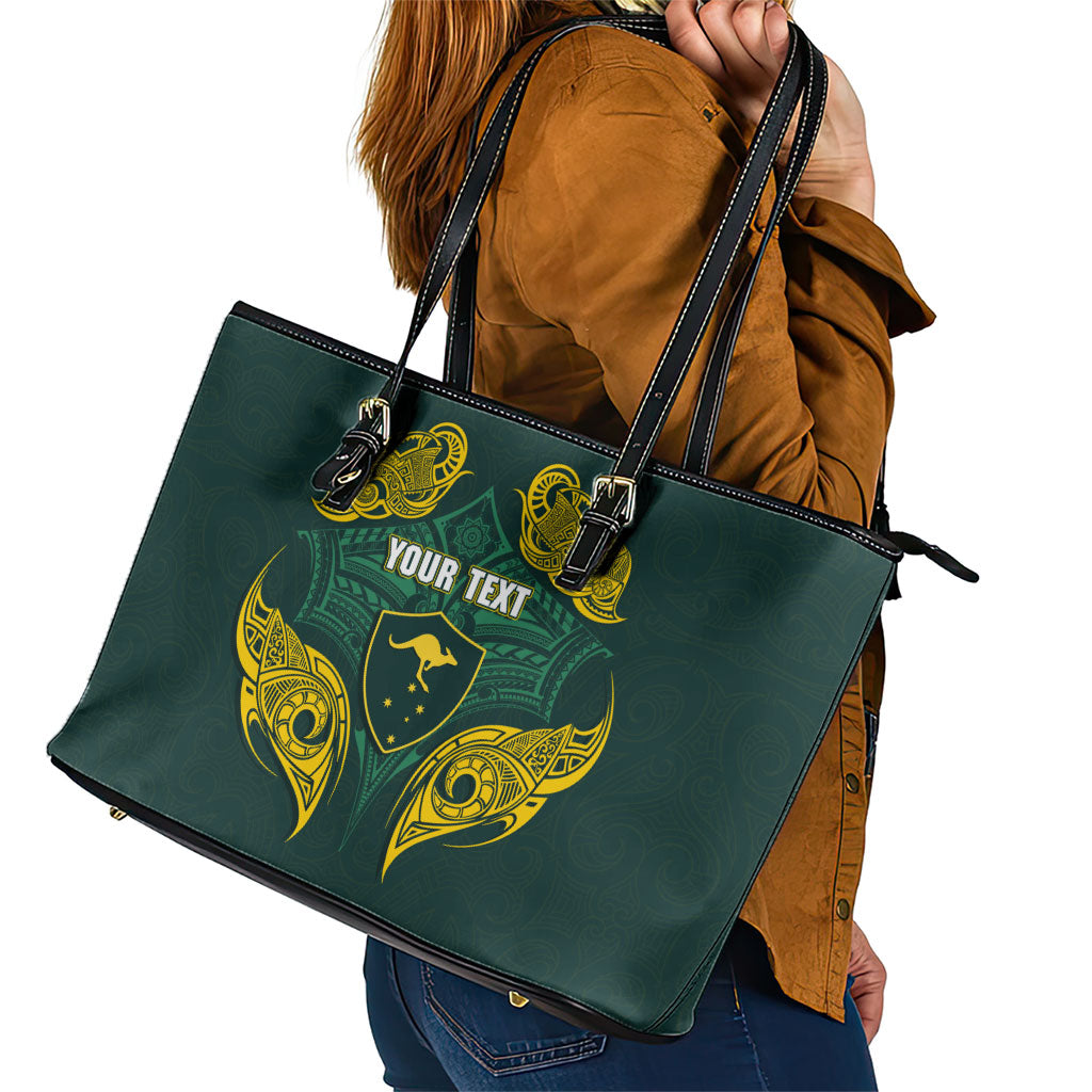 Custom Kangaroos Rugby Leather Tote Bag Polynesian Tribal Pattern Green Gold National Team