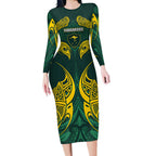Custom Kangaroos Rugby Long Sleeve Bodycon Dress Polynesian Tribal Pattern Green Gold National Team