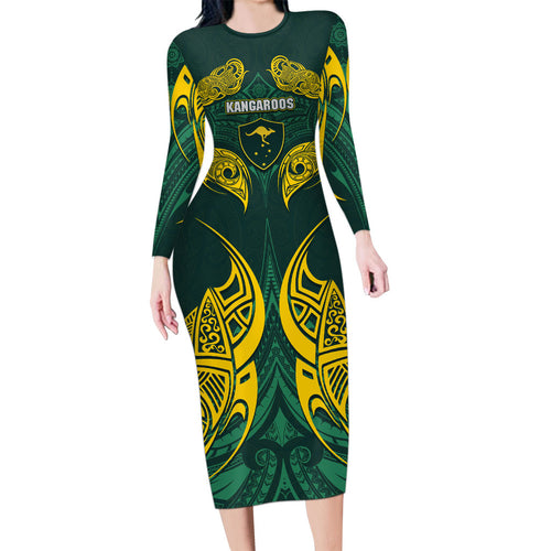 Custom Kangaroos Rugby Long Sleeve Bodycon Dress Polynesian Tribal Pattern Green Gold National Team