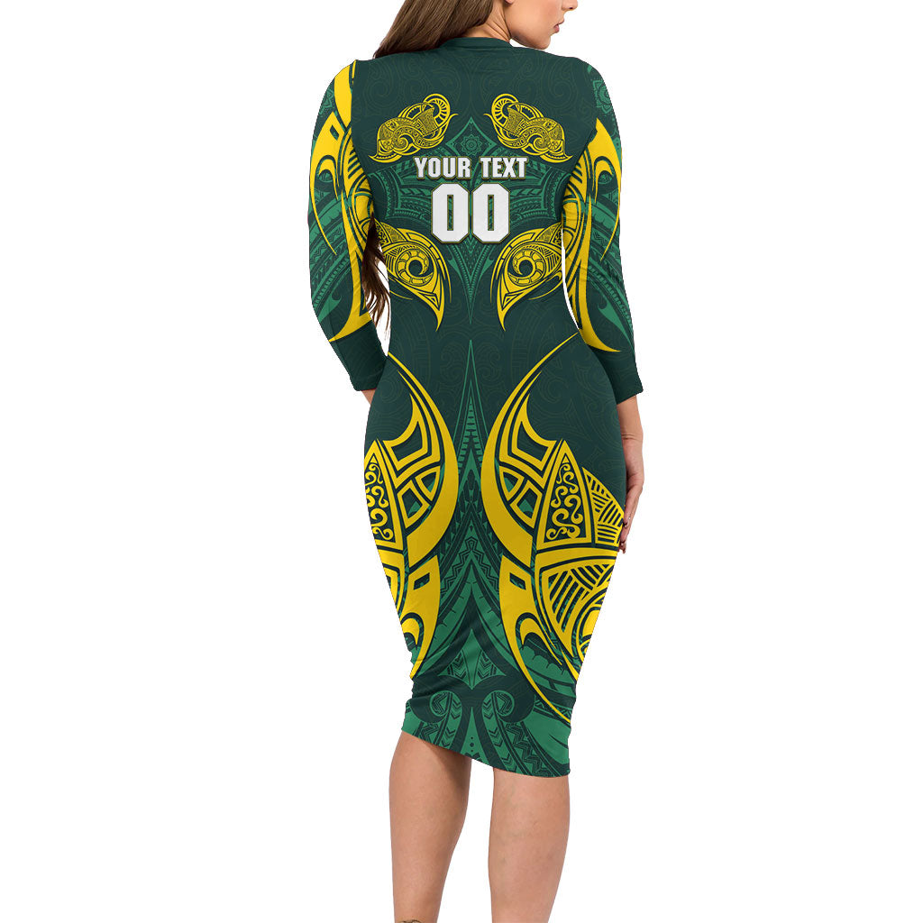 Custom Kangaroos Rugby Long Sleeve Bodycon Dress Polynesian Tribal Pattern Green Gold National Team