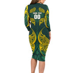 Custom Kangaroos Rugby Long Sleeve Bodycon Dress Polynesian Tribal Pattern Green Gold National Team