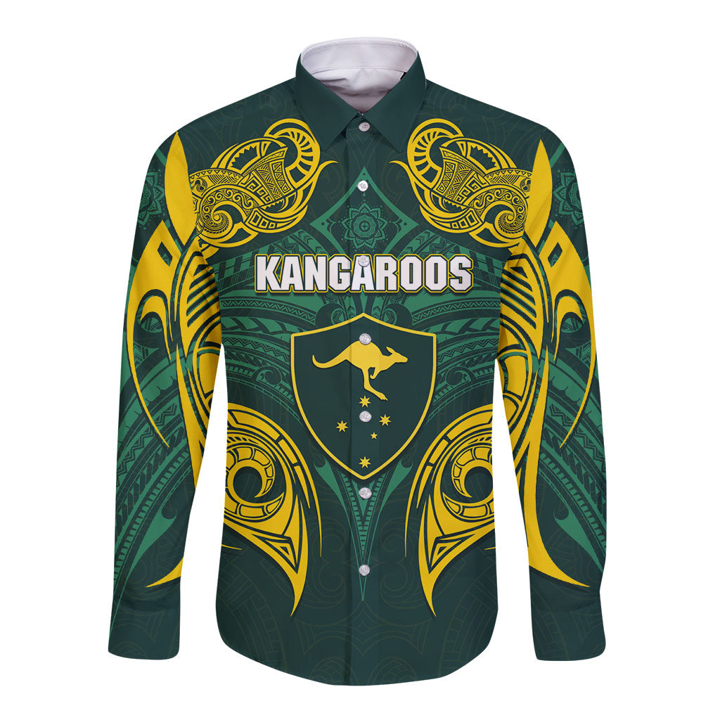 Custom Kangaroos Rugby Long Sleeve Button Shirt Polynesian Tribal Pattern Green Gold National Team