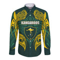 Custom Kangaroos Rugby Long Sleeve Button Shirt Polynesian Tribal Pattern Green Gold National Team