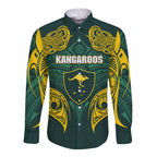 Custom Kangaroos Rugby Long Sleeve Button Shirt Polynesian Tribal Pattern Green Gold National Team