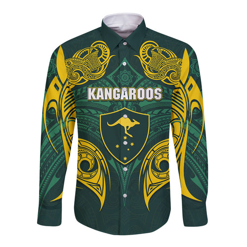 Custom Kangaroos Rugby Long Sleeve Button Shirt Polynesian Tribal Pattern Green Gold National Team