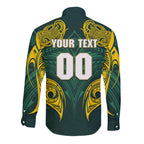 Custom Kangaroos Rugby Long Sleeve Button Shirt Polynesian Tribal Pattern Green Gold National Team