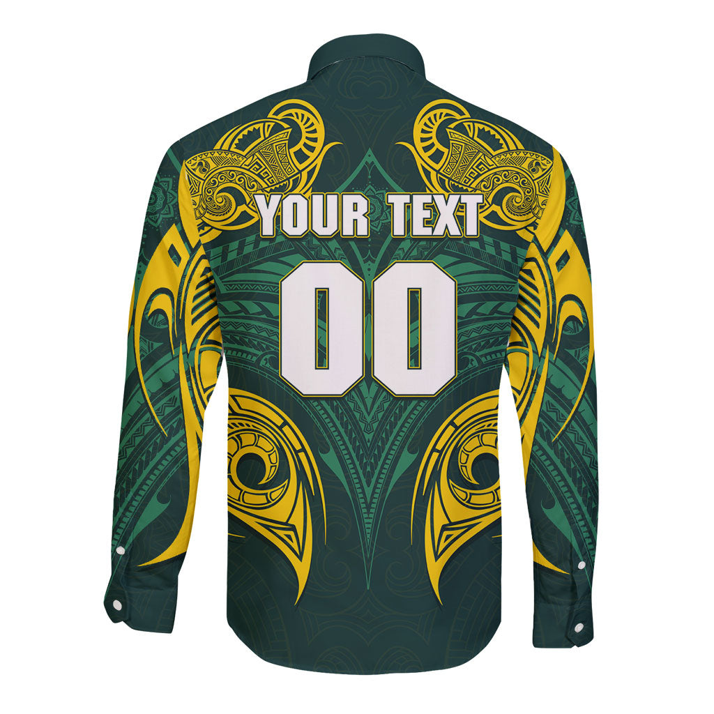 Custom Kangaroos Rugby Long Sleeve Button Shirt Polynesian Tribal Pattern Green Gold National Team