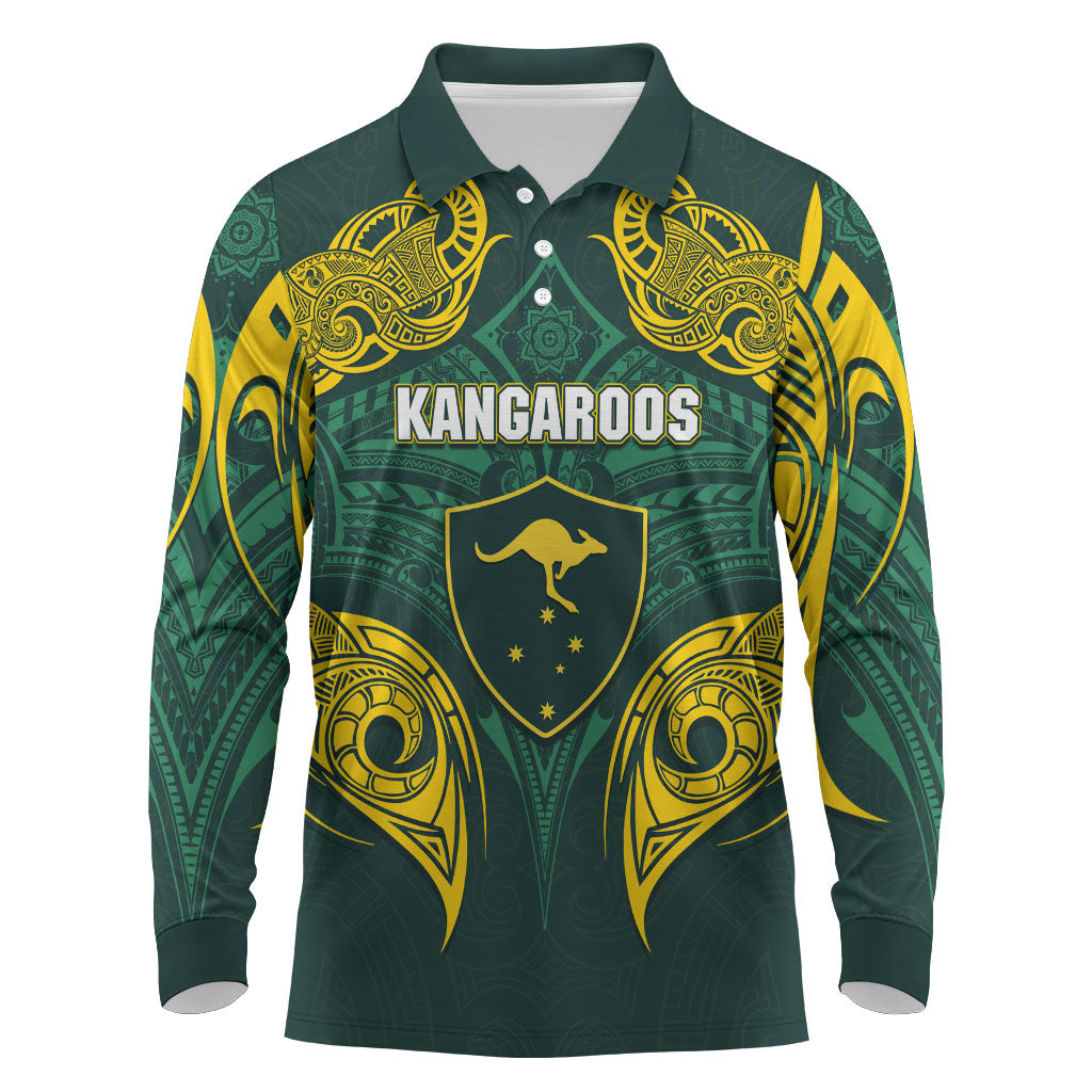 Custom Kangaroos Rugby Long Sleeve Polo Shirt Polynesian Tribal Pattern Green Gold National Team