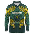 Custom Kangaroos Rugby Long Sleeve Polo Shirt Polynesian Tribal Pattern Green Gold National Team