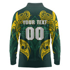 Custom Kangaroos Rugby Long Sleeve Polo Shirt Polynesian Tribal Pattern Green Gold National Team