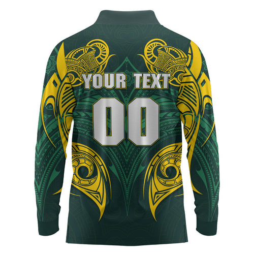 Custom Kangaroos Rugby Long Sleeve Polo Shirt Polynesian Tribal Pattern Green Gold National Team