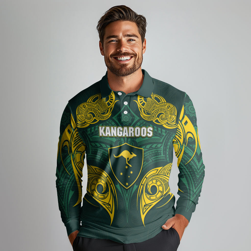 Custom Kangaroos Rugby Long Sleeve Polo Shirt Polynesian Tribal Pattern Green Gold National Team