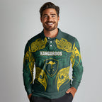 Custom Kangaroos Rugby Long Sleeve Polo Shirt Polynesian Tribal Pattern Green Gold National Team