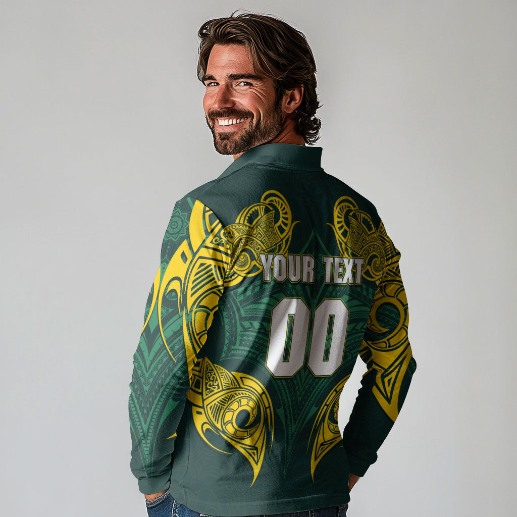 Custom Kangaroos Rugby Long Sleeve Polo Shirt Polynesian Tribal Pattern Green Gold National Team