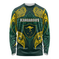 Custom Kangaroos Rugby Long Sleeve Shirt Polynesian Tribal Pattern Green Gold National Team