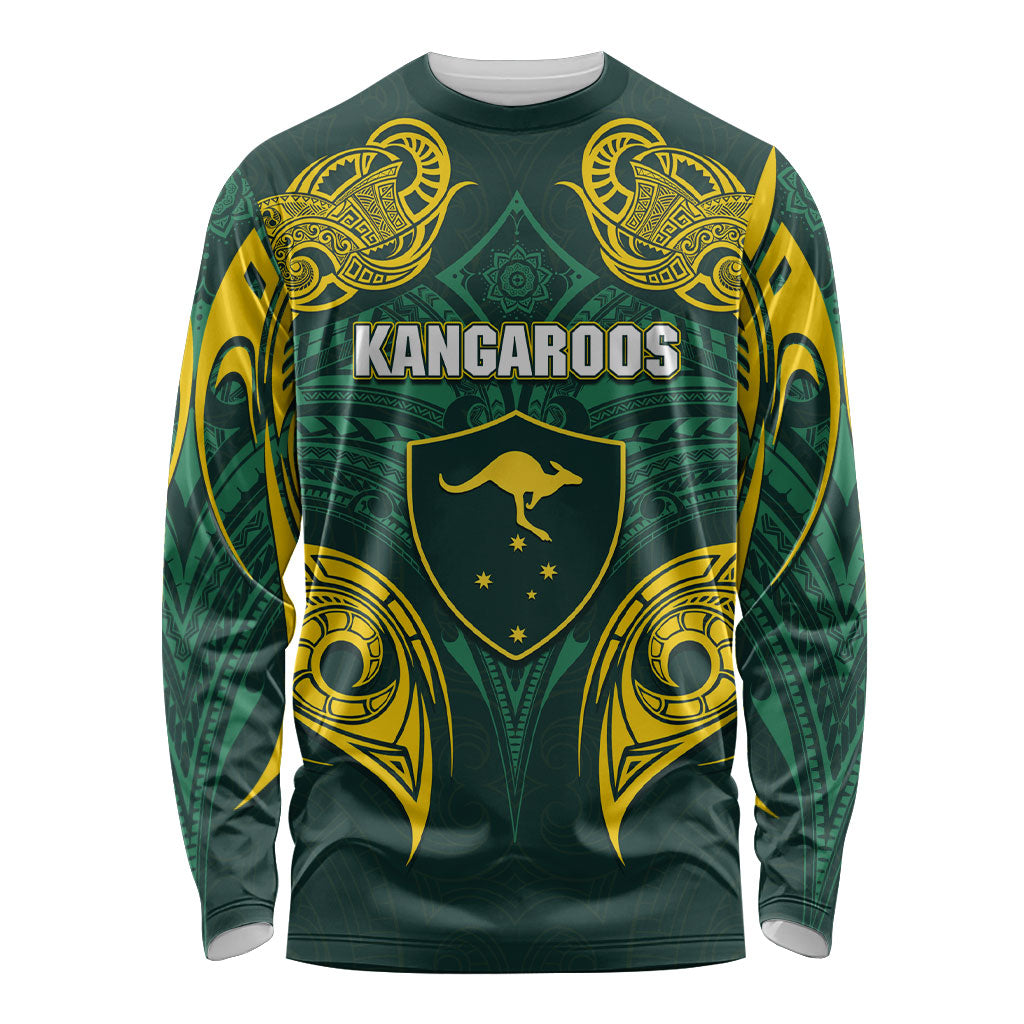 Custom Kangaroos Rugby Long Sleeve Shirt Polynesian Tribal Pattern Green Gold National Team